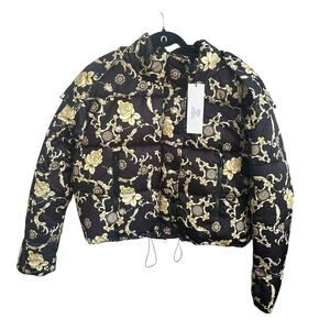 Veronica Beard Black Gold Floral Ahava Cropped Puffer Jacket Small